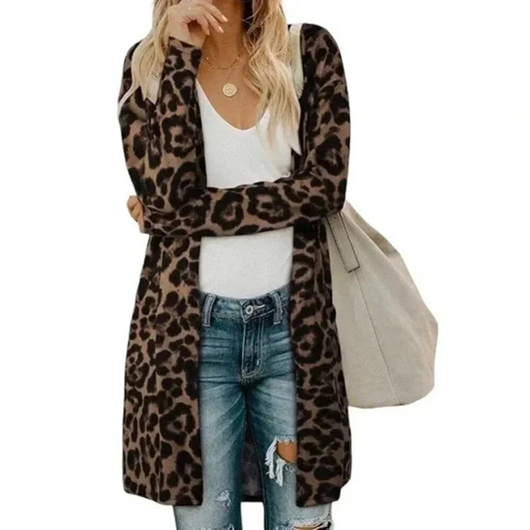 NWT! Ouges Cardigan Sz L Leopard Print Tan Black Open Front Long Sleeves Pockets - Picture 1 of 8